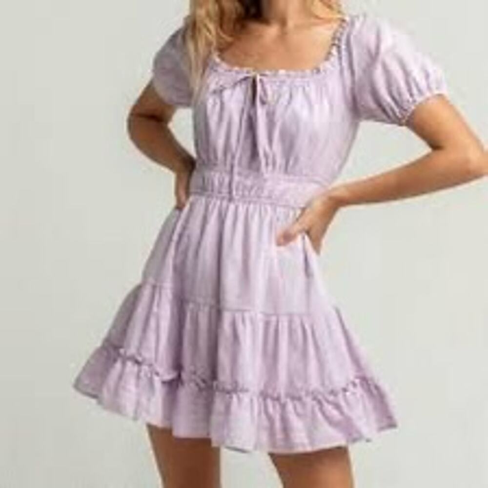 Lost +Wander Mini Ruffle Dress XS Purple Bow Coquette Milkmaid Pastel Tiered NWT
